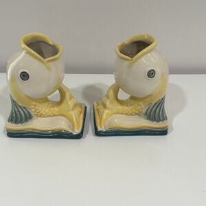 Abingdon Pottery Art Deco Fish Bookend Vase Pair Vintage Rare Mold 444
